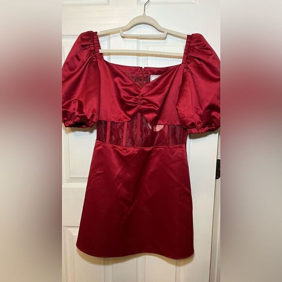 Autumn Adeigbo Clarette Deep Red Satin Puff Sleeve Boned Sweetheart Mini $675 - Picture 8 of 8